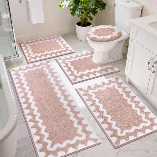 Bathroom Rugs Sets 5 Piece, Absorbent Soft NonSlip Washable Microfiber Shaggy Bath Mat Set with Bathroom Runner Rug, UShaped Toi