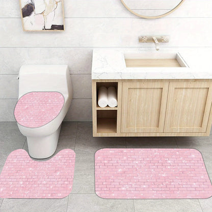 3pcs Glitter Pink Brick Bath Mat Set - Non-Slip Farmhouse Rug & Lid Cover for Shimmering Bathroom Decor & Festive Glam