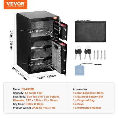 Single Door 4.0 cu.ft Safe Box w/ Key Lock Password & Fingerprint Safe Lock Box with Fireproof Bag Key Rack & LED Light