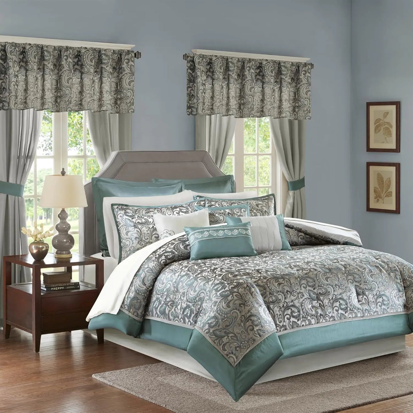 24-Piece  Comforter Set with Matching Curtains, Hypoallergenic King Size Teal Bedding