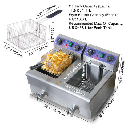 12L Electric Deep Fryer w/Dual Removable Tanks Commercial Countertop  Fryer for Chicken French Fries Frying Chips