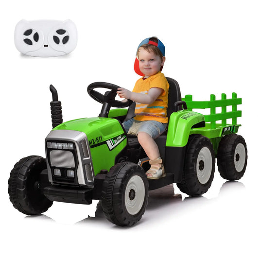 12V Kids Tractor With Detachable Trailer, Electric Ride On Vehicle Toy With Remote Control For Boys Girls 3-8