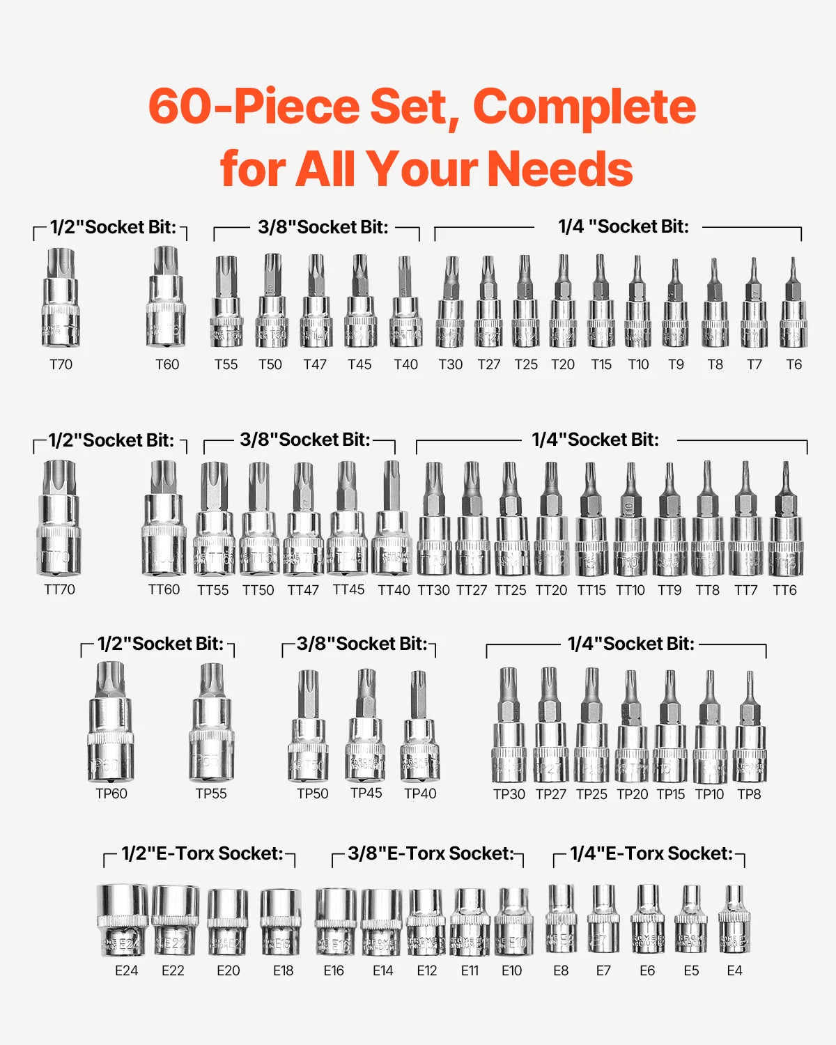Torx Bit Socket and External Torx Socket Set 60-Piece T6-T70 TT6-TT70 TP8-TP60 E4-E24 S2 Alloy Steel and Cr-V Steel
