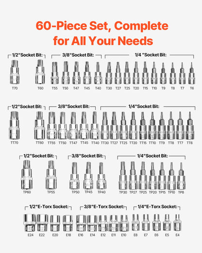 Torx Bit Socket and External Torx Socket Set 60-Piece T6-T70 TT6-TT70 TP8-TP60 E4-E24 S2 Alloy Steel and Cr-V Steel