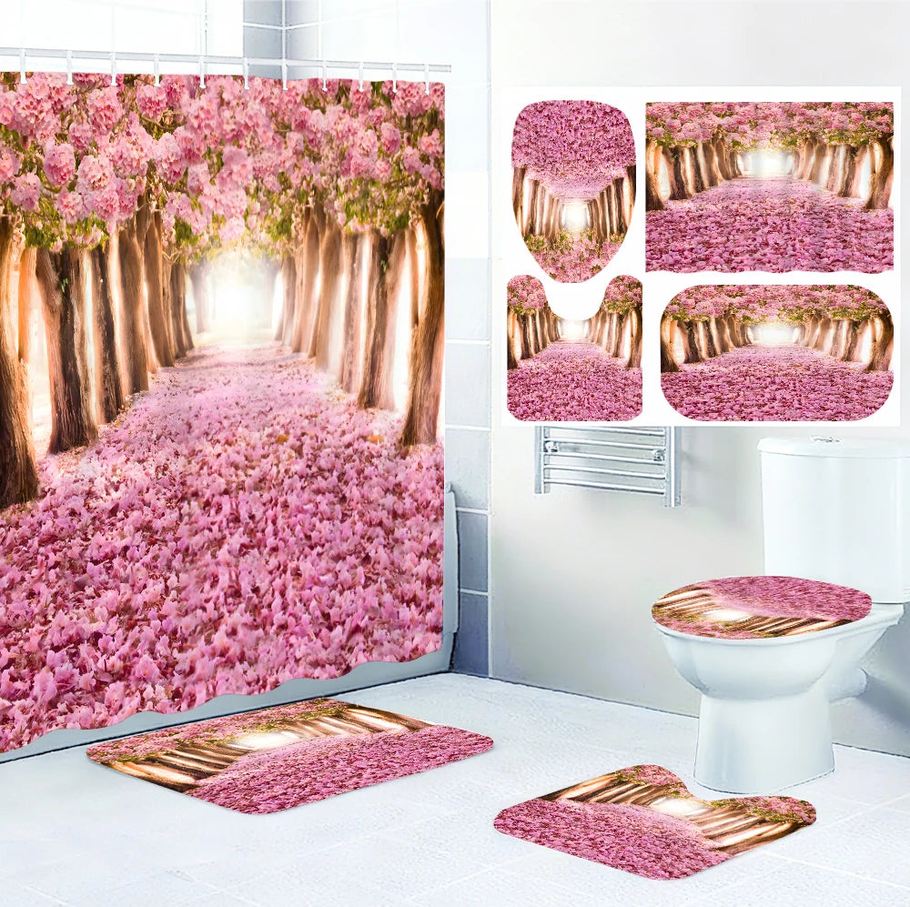 Pink Forest Bathroom Four-piece Set - Waterproof Shower Curtain, complete bathroom kit
