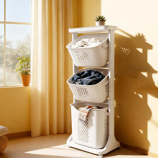 Hollow-Out Laundry Basket with 4 Wheels Multi-Layer Bathroom Storage Rack for Towels Clothes Toiletries