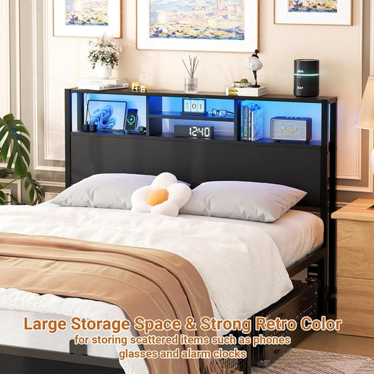 Full Size Headboard with Storage, Outlets, USB Ports, LED Light, Adjustable Height, Reversible Design in Black