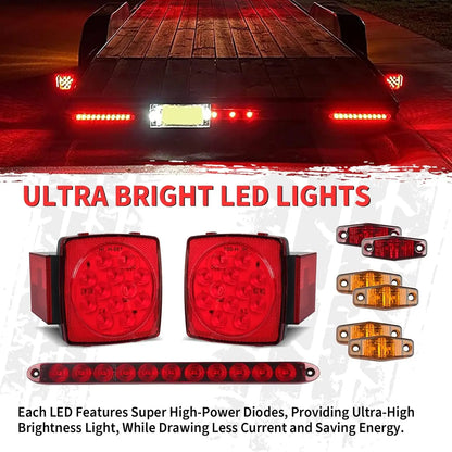 Complete LED Trailer Light Kit with Square Tail Lights, Marker Lights, Brake Bar, Wiring Harness for Trailers, Trucks, RVs