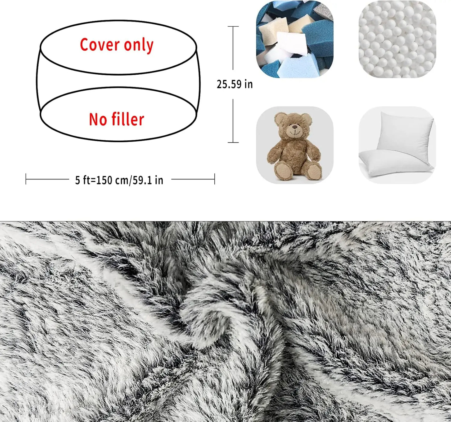 Big Round Soft Fluffy PV Velvet Washable Bean Bag Chair Cover Without Filler, Lazy Sofa Bed for Adults, Dark Grey