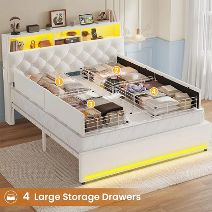 Velvet Platform Bed with LED Lights, Storage Drawers, and Charging Station in Creamy White