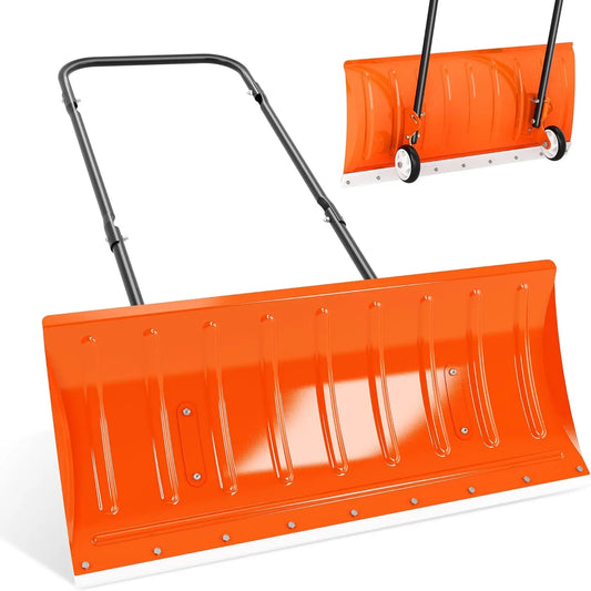 30" Wide Metal Snow Shovel with Wheels, Heavy Duty Manual Push Plow & Ice Scraper for Driveway.