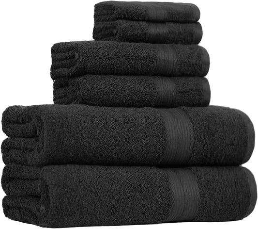 SUNTUG Basics 6 Piece Oversized 100% Cotton Bathroom Towel Set Fade Resistant Soft Absorbent 2 Bath 2 Hand 2 Washcloths Black