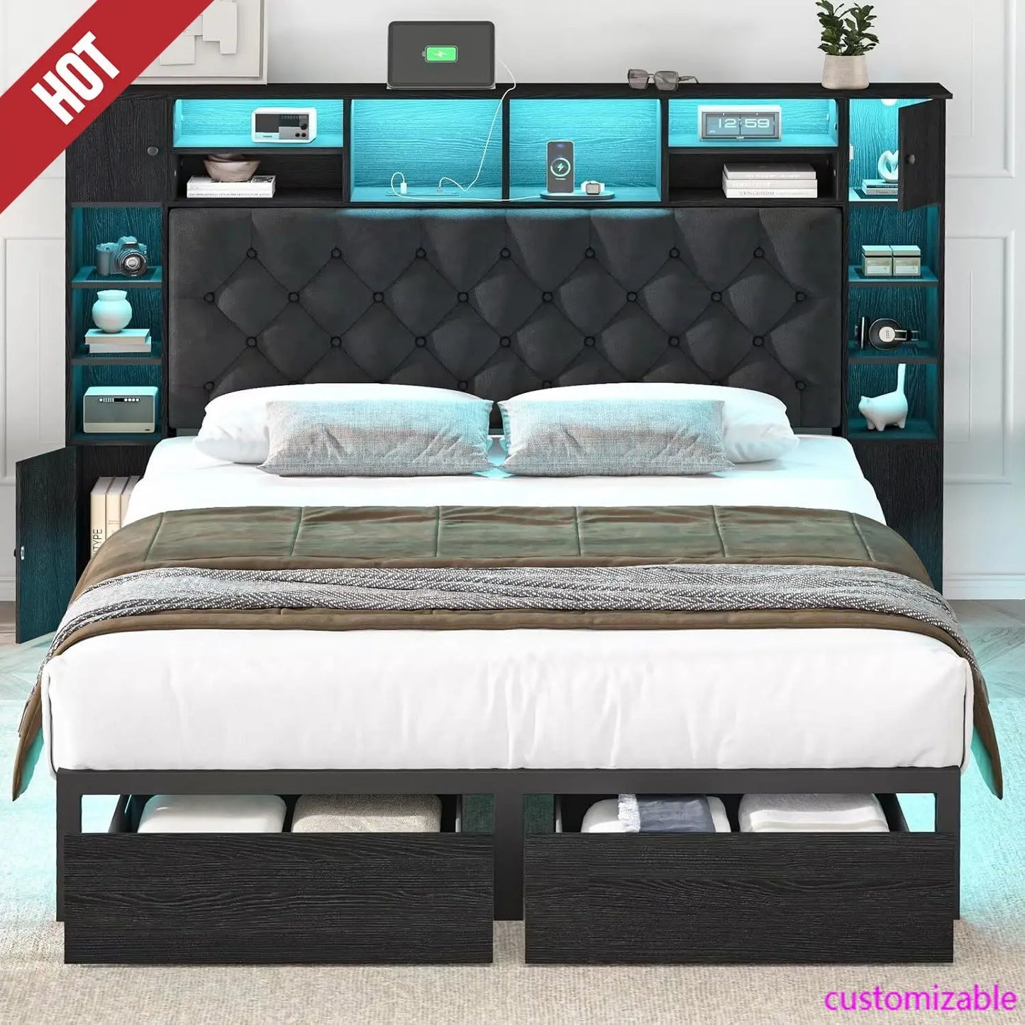 Queen Bed Frame with Bookcase Headboard and Storage Drawers, Metal Platform Queen Size Bed Frame , Black