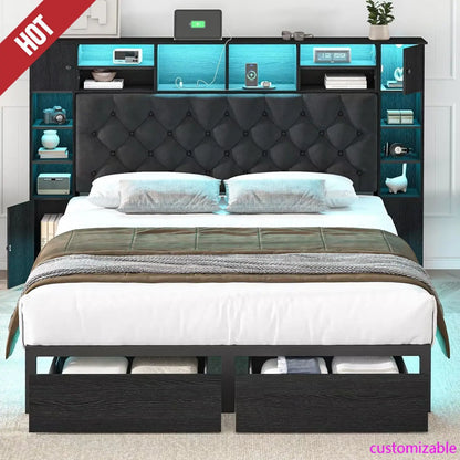 Queen Bed Frame with Bookcase Headboard and Storage Drawers, Metal Platform Queen Size Bed Frame , Black