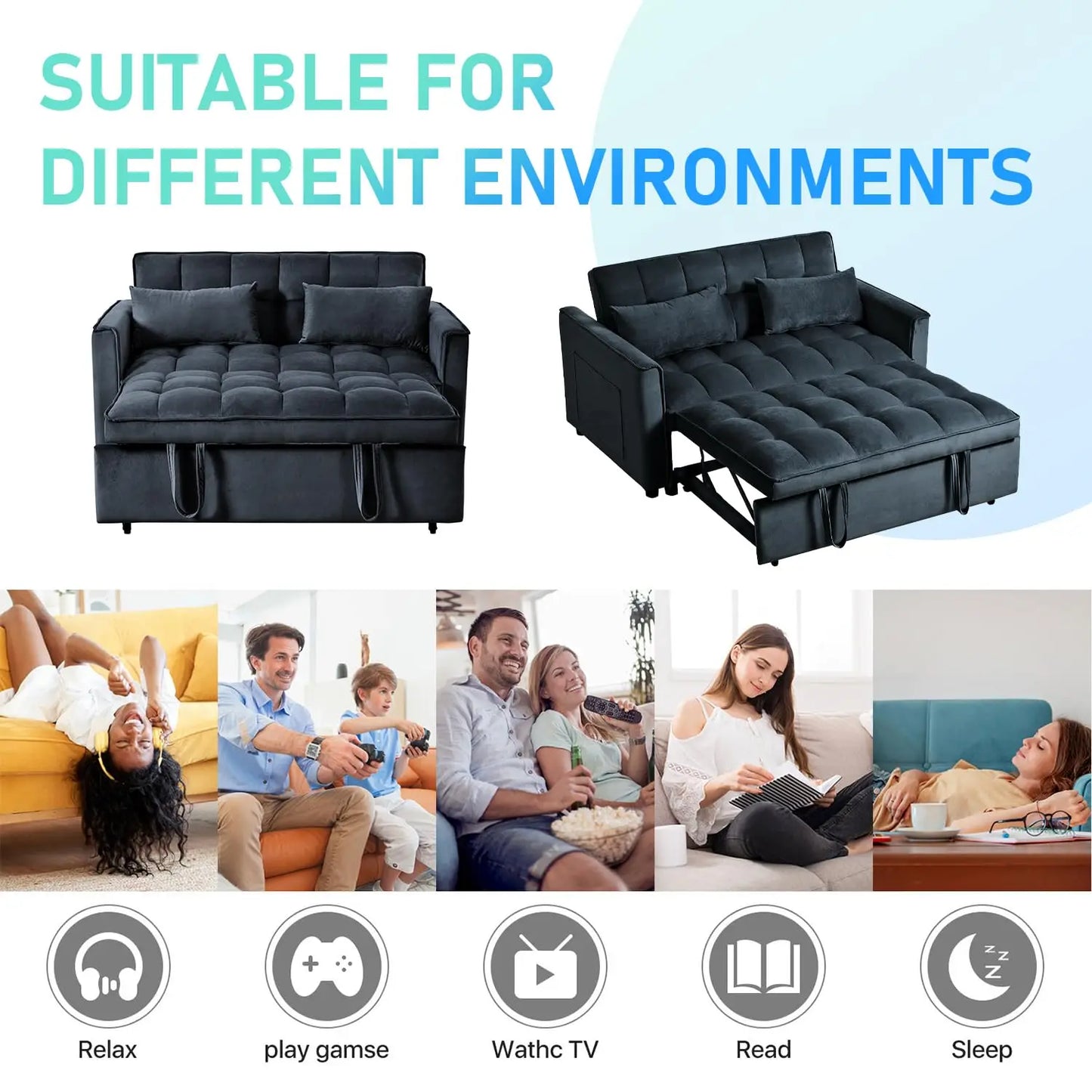 3-in-1 Convertible Sleeper Sofa Bed Adjustable Velvet Pull Out Loveseat Side Pocket Living Room Black Customized