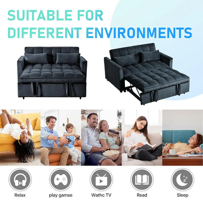 3-in-1 Convertible Sleeper Sofa Bed Adjustable Velvet Pull Out Loveseat Side Pocket Living Room Black Customized
