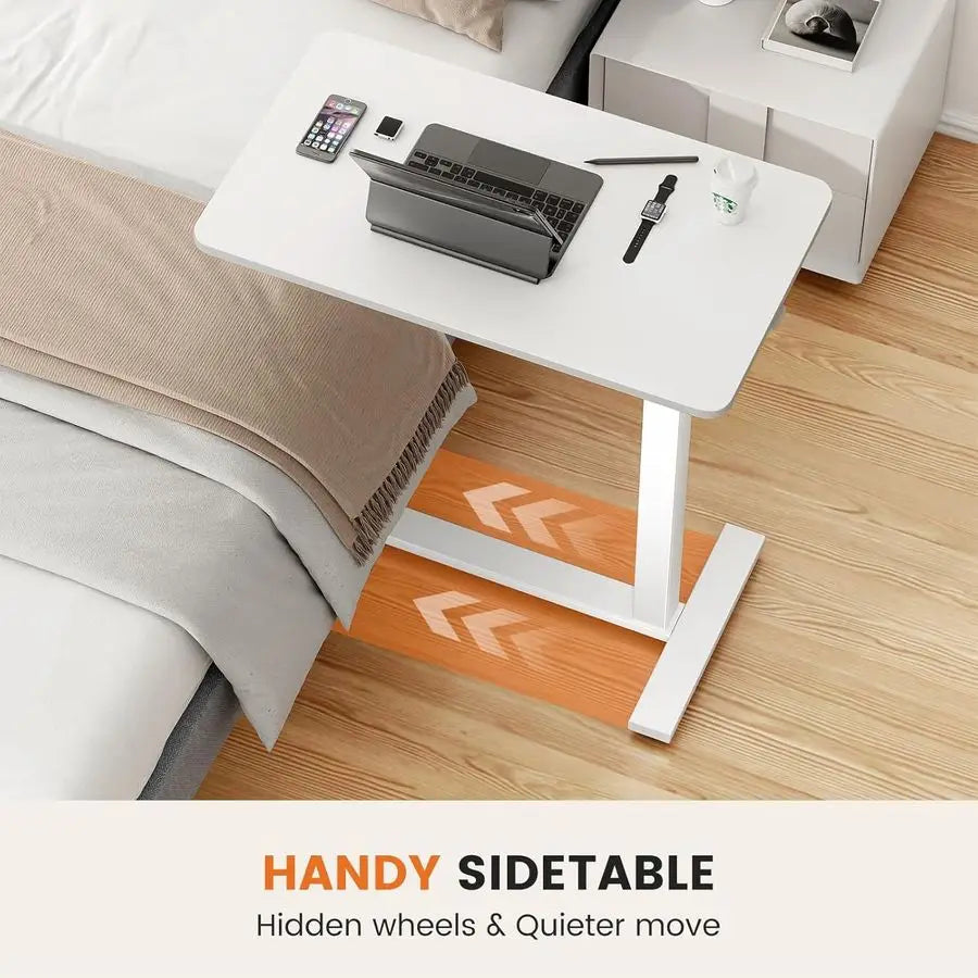 Overbed Bedside Table with Wheels, Adjustable Hospital Home Use Bed Rolling Laptop Table, Mobile Standing Desk, White
