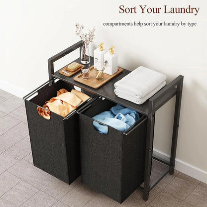 Laundry Basket Organizer with Shelf & Removable Bags, Dual Compartment Hamper for Laundry Room, Bathroom, Dorm