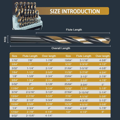 29Pcs Cobalt Drill Bit Set, 135 Degree Tip High Speed Steel with Black and Gold Finish for Stainless Steel, Plastic and Wood