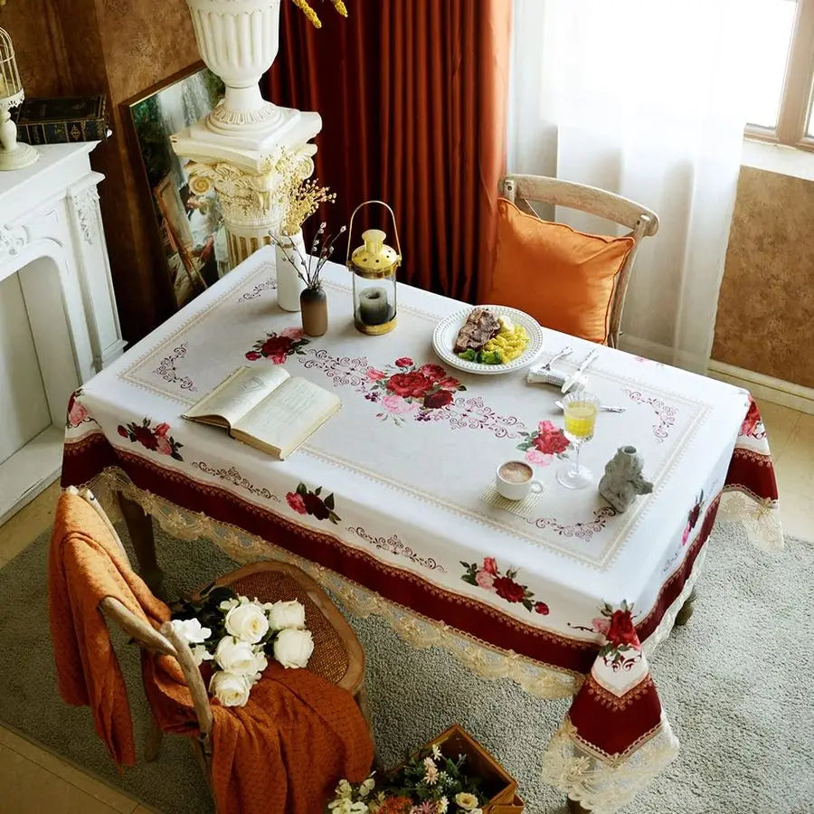 Lace Embroidered Tablecloth, Rectangular Cover,Classic Oblong Antique Flower Decor Macrame Tablecloth, Burgundy