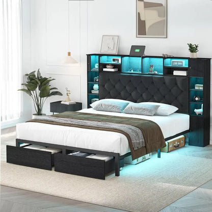 Queen Bed Frame with Bookcase Headboard and Storage Drawers, Metal Platform Queen Size Bed Frame , Black