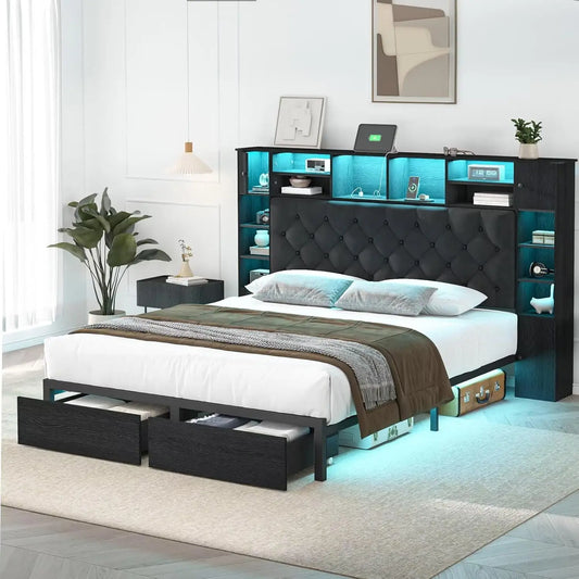 Queen Bed Frame with Bookcase Headboard and Storage Drawers, Metal Platform Queen Size Bed Frame , Black