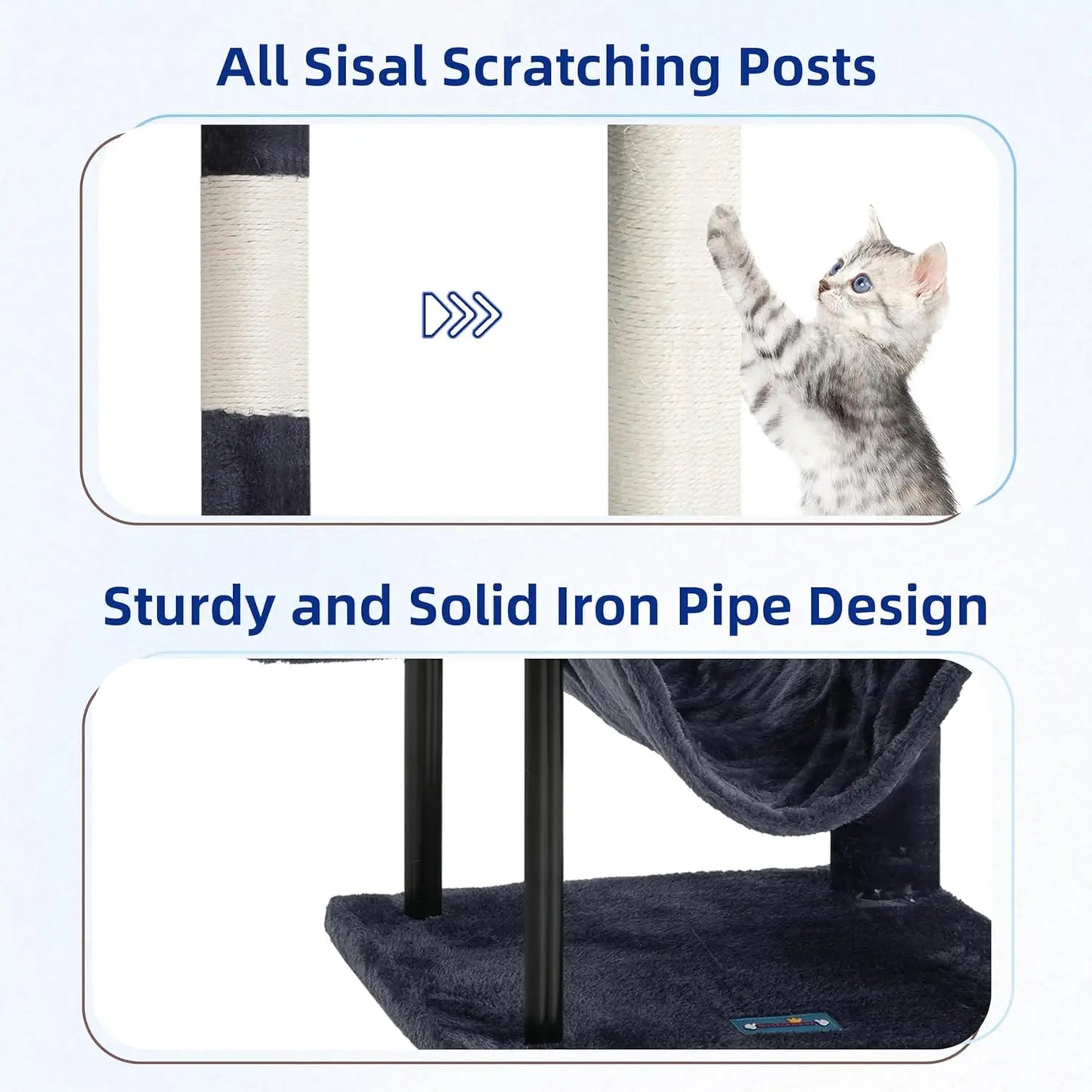 43.3 Inch Cat Tree Tower for Indoor Cats with Sturdy Steel Tube, Hammock, Condo, Scratching Post in Smoky Gray