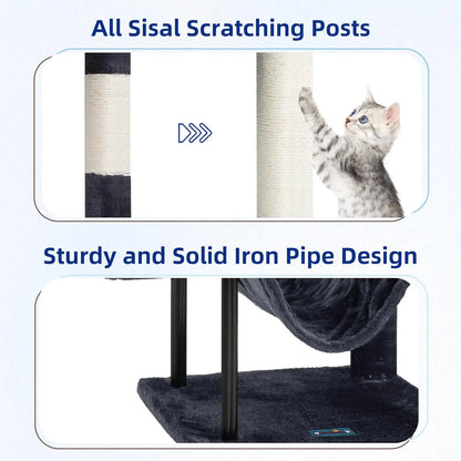 43.3 Inch Cat Tree Tower for Indoor Cats with Sturdy Steel Tube, Hammock, Condo, Scratching Post in Smoky Gray
