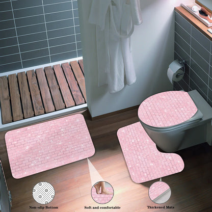 3pcs Glitter Pink Brick Bath Mat Set - Non-Slip Farmhouse Rug & Lid Cover for Shimmering Bathroom Decor & Festive Glam