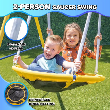 Safe Metal Playset Outdoor Kids Swing Set For Ages 3-8 with LED Swings, Saucer Swing & 5ft Slide