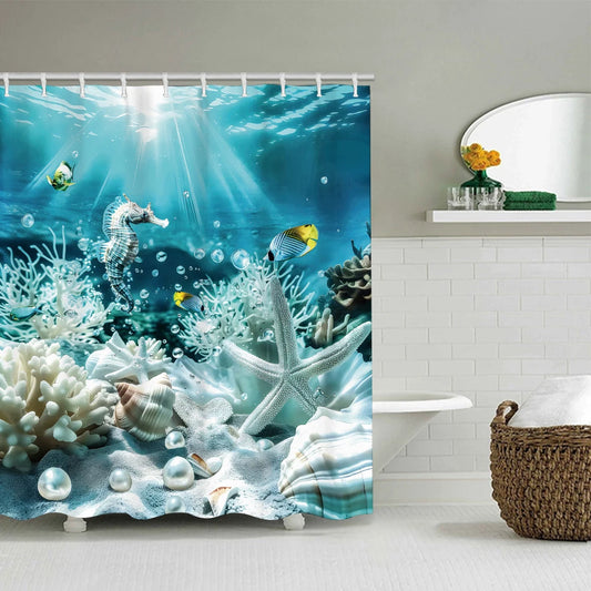 Ocean Bathroom Four-piece Set With Waterproof Shower Curtain