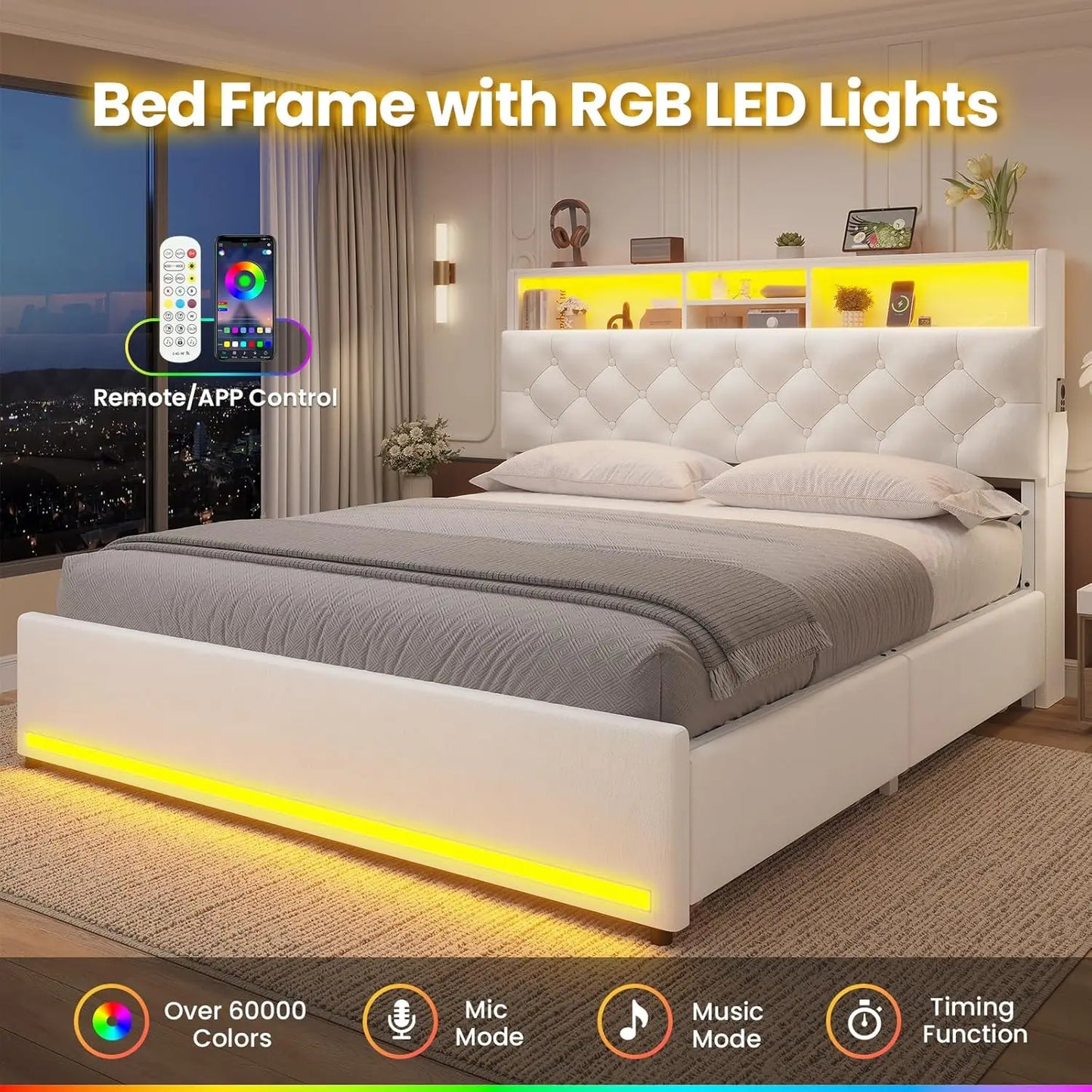 Velvet Platform Bed with LED Lights, Storage Drawers, and Charging Station in Creamy White