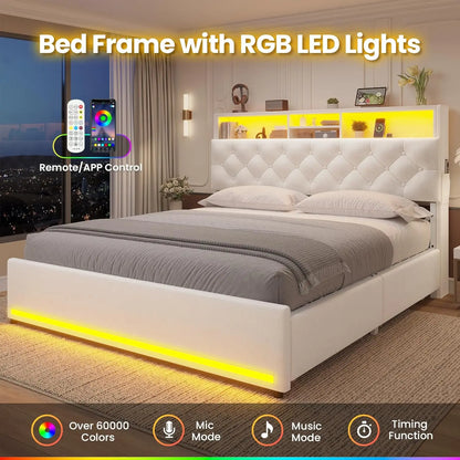 Velvet Platform Bed with LED Lights, Storage Drawers, and Charging Station in Creamy White