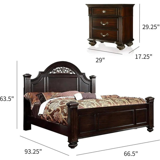 Queen Size, Walnut, 6-Piece Solid Wood Traditional Bedroom Set with Chest, Mirrored Dresser, 2 Nightstands