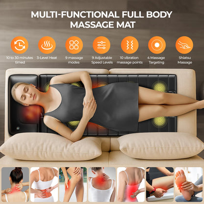 Full Body Massage Mat with Heat, Detachable Massager Pad, 10 Vibrating Motors, 9 Intensity Levels, Relax at Home Office