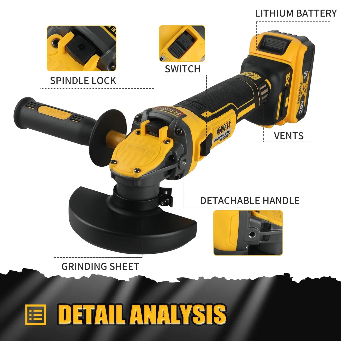 DEWALT DCG409 20V Brushless 125mm Flat - Head Angle Grinder - Unrivaled Freedom in Tool Form for All Cutting & Grinding Tasks