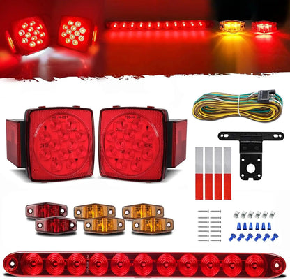 Complete LED Trailer Light Kit with Square Tail Lights, Marker Lights, Brake Bar, Wiring Harness for Trailers, Trucks, RVs