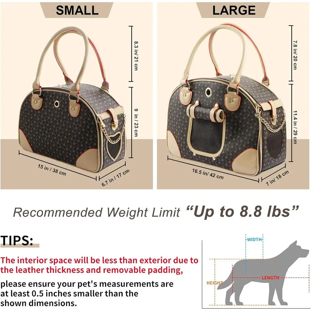Fashion Dog Carrier PU Leather Dog Handbag Dog Purse Cat Tote Bag Pet Cat Dog Hiking Bag, Brown, Small 38 * 23 * 17cm
