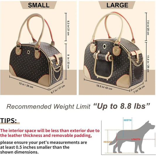 Fashion Dog Carrier PU Leather Dog Handbag Dog Purse Cat Tote Bag Pet Cat Dog Hiking Bag, Brown, Small 38 * 23 * 17cm