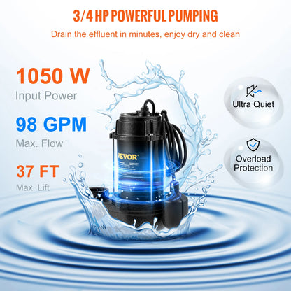 Submersible Sewage Pump 3/4 HP 5880 GPH 1050W Durable Cast Iron, 10 ft Piggy-back Float Switch for Septic Tanks, Basements