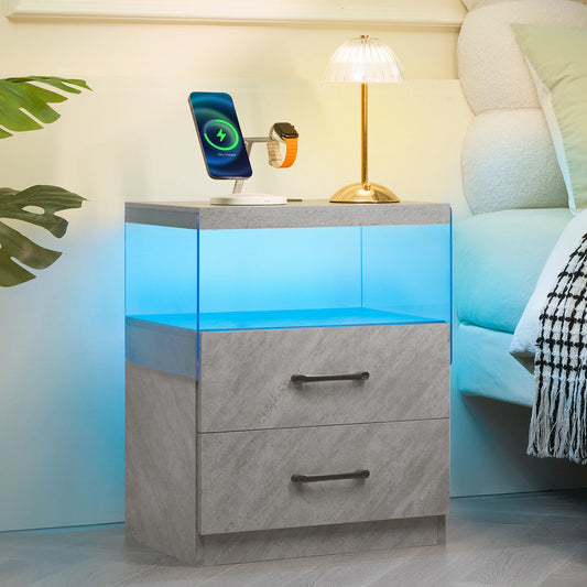 Nightstand with Charging Station and LED Lights, 2 Drawer Bedside Wooden Table