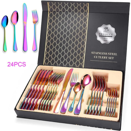 Colorful Silverware Set, 24-Piece Stainless Steel Rainbow Flatware Set, Iridescent Utensils Set Service for 6