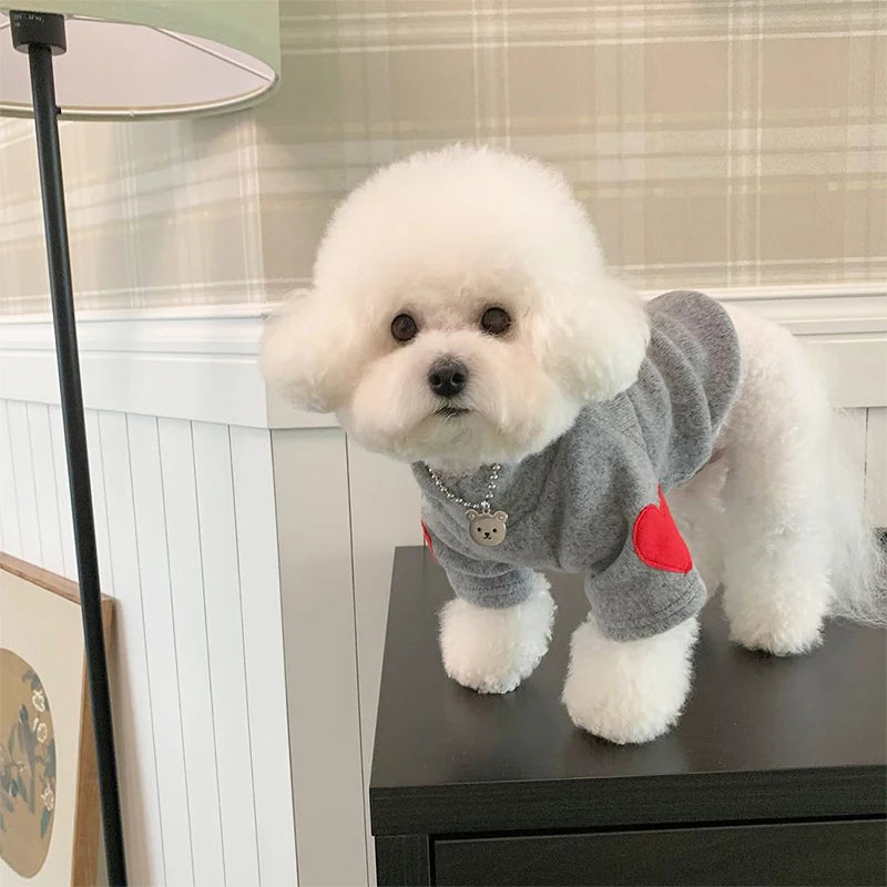 Winter Dog Shirt Heart-shaped Patch Embroidery Sweatshirt Chihuahua Breathable Warm Shirt Puppy Outdoor Clothes Pet Supplies