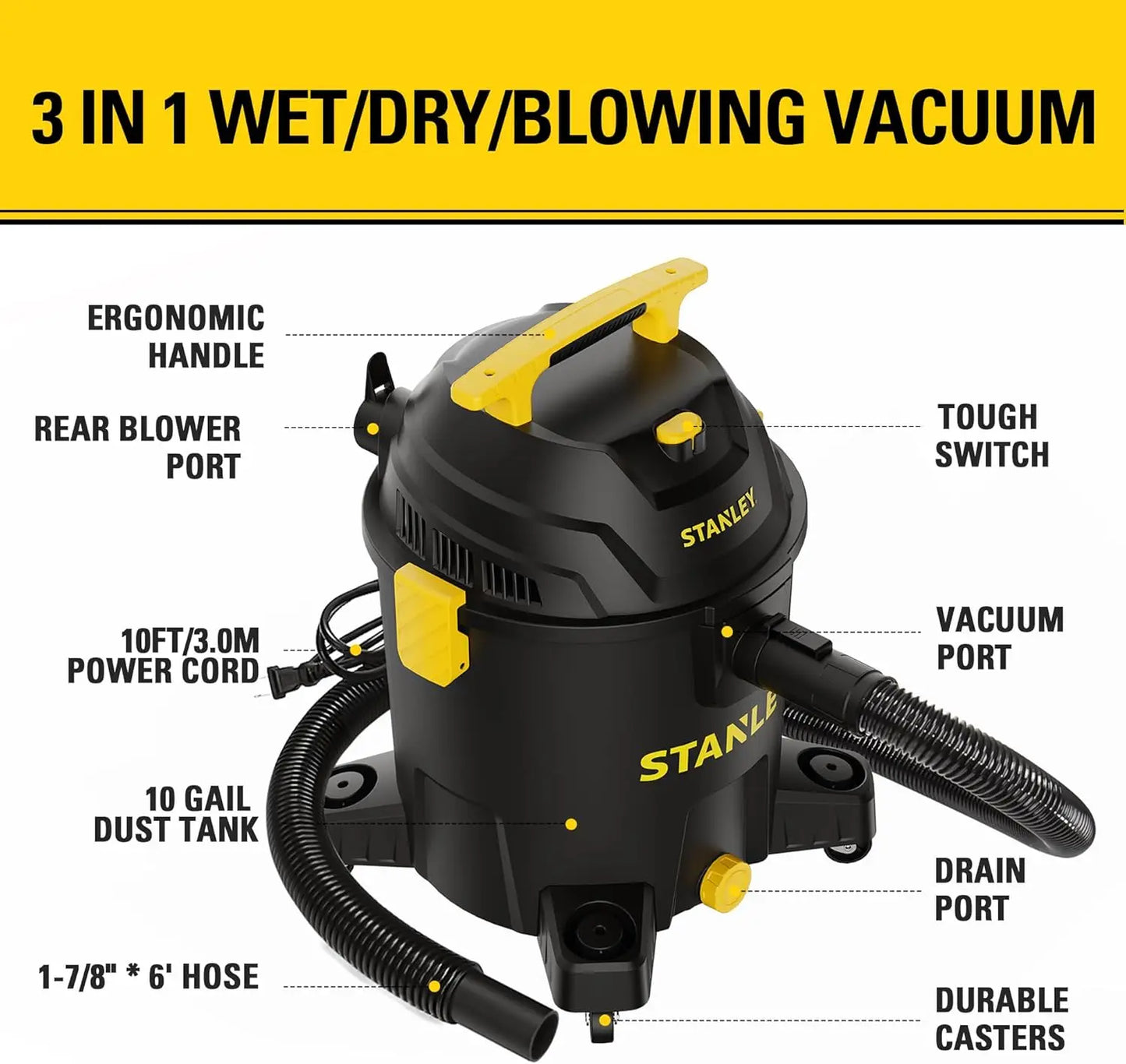 10 Gallon Wet Dry Vacuum, 6 Peak HP Motor with Powerful Suction, Multi-Function Shop Vac for Garage & Workshop