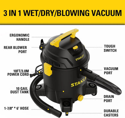 10 Gallon Wet Dry Vacuum, 6 Peak HP Motor with Powerful Suction, Multi-Function Shop Vac for Garage & Workshop