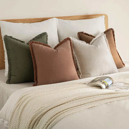 Set of 4 Neutral Linen Fringe Throw Pillows, Soft Rustic Cushions for Sofa