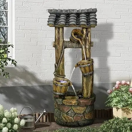 Wishing Well Rustic Outdoor Water Fountain with Buckets, Pump & Lights