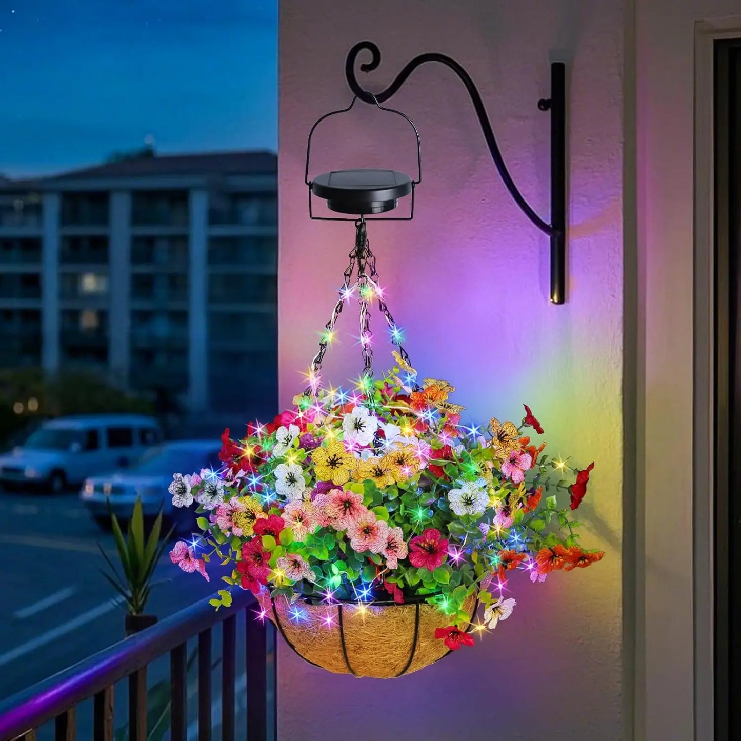 Solar-Powered Hanging Flower Basket Garden Decor, Copper Wire RGB Lights with Solar Panel