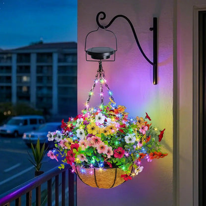 Solar-Powered Hanging Flower Basket Garden Decor, Copper Wire RGB Lights with Solar Panel