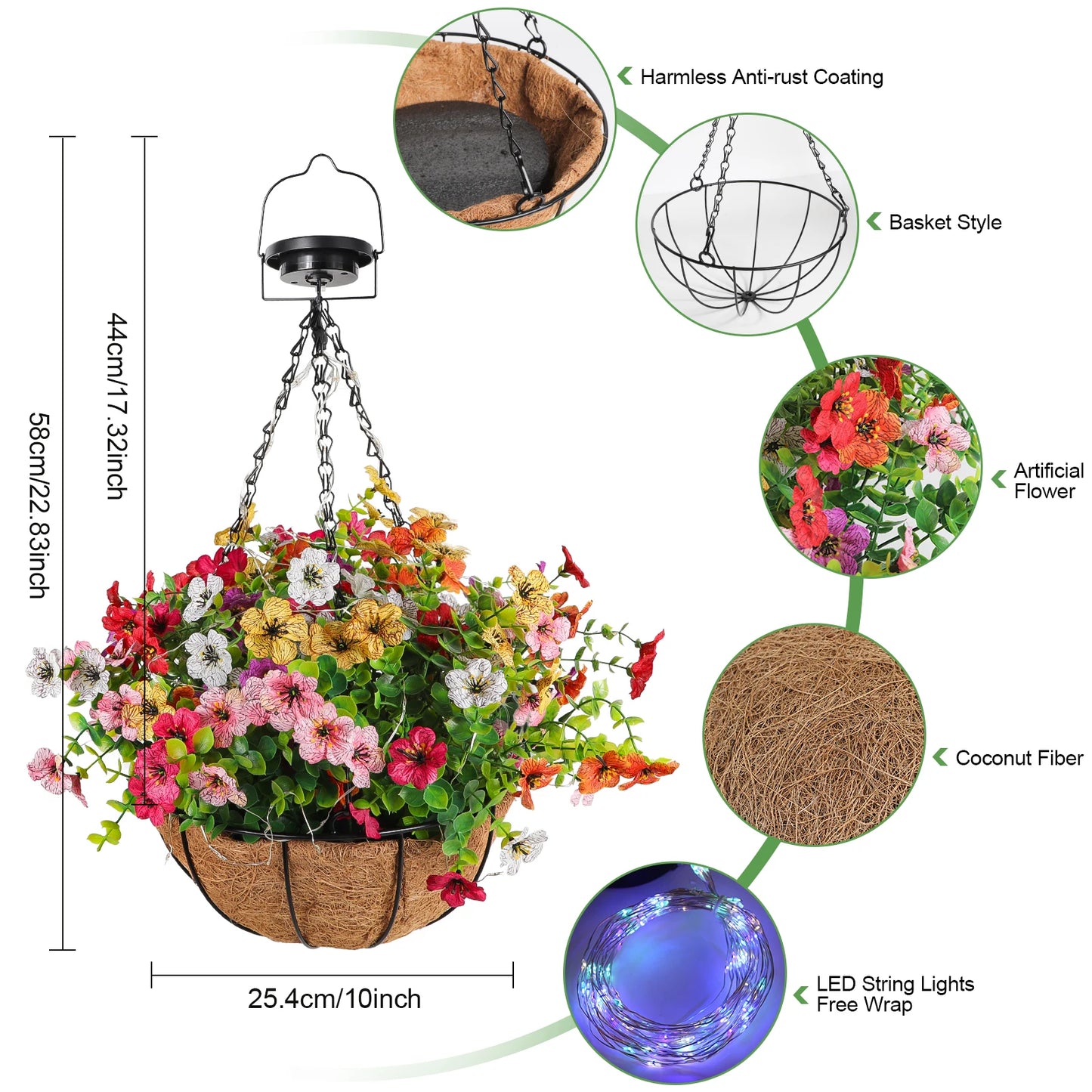 Solar-Powered Hanging Flower Basket Garden Decor, Copper Wire RGB Lights with Solar Panel